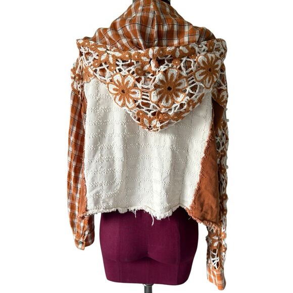Miss Me Floral Pieced Denim Jacket size S Boho Multi Orange Hooded Crochet Cropp - Picture 5 of 14
